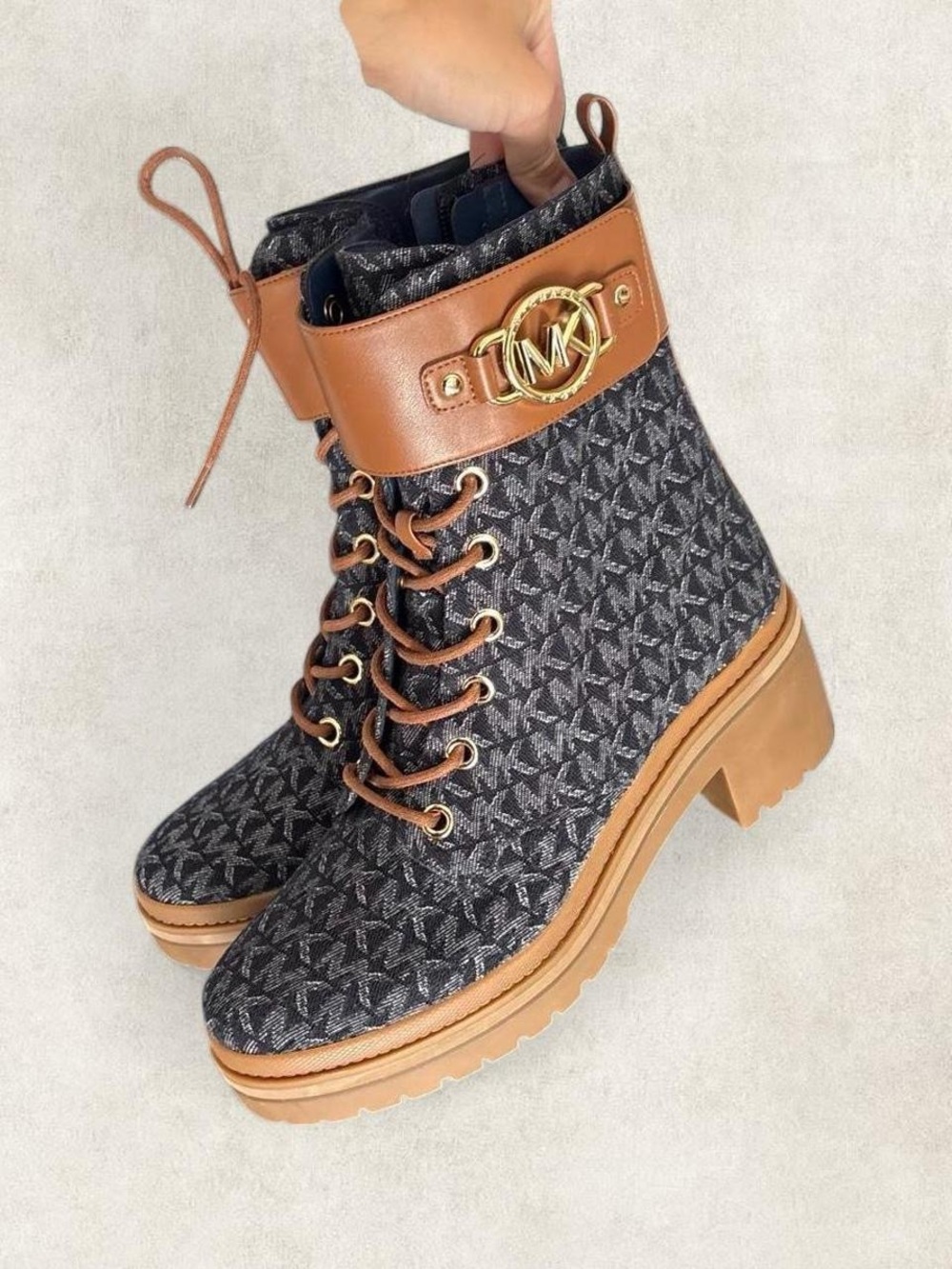 Michael Kors Rory Denim Logo Jacquard Boots, Never Worn